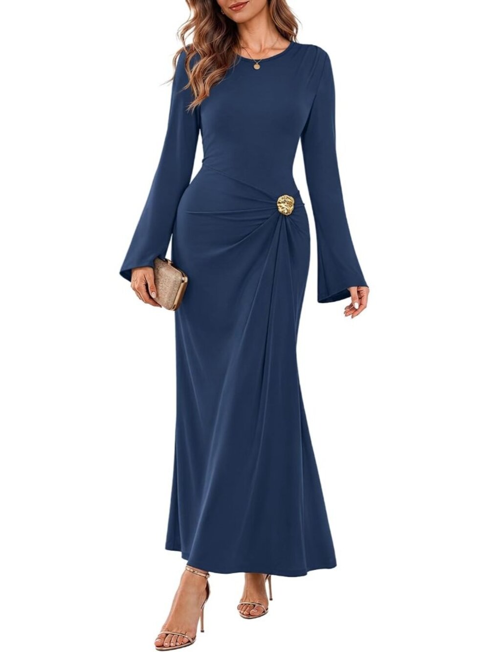 Women's Navy Blue Fashion Bodycon Long Sleeve Cocktail Outfits Guest Maxi Dress